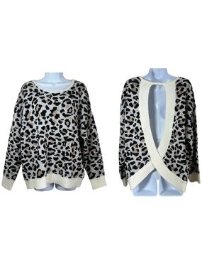 Blush & Bloom Leopard Sweater Keyhole Open Back Cream Knit Top Womens 1X